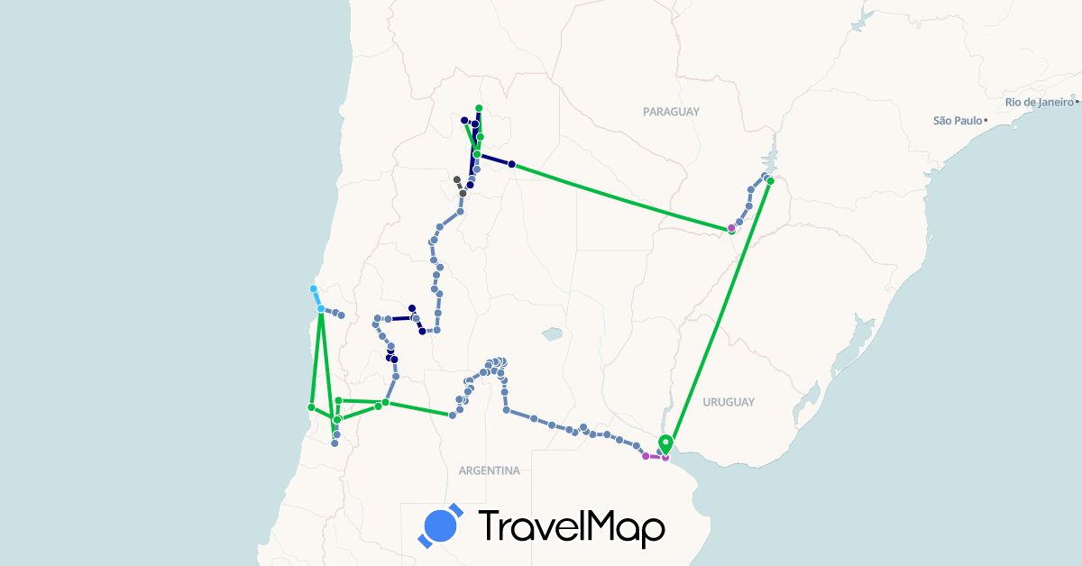 TravelMap itinerary: driving, bus, cycling, train, boat, motorbike in Argentina, Brazil, Chile, Paraguay (South America)